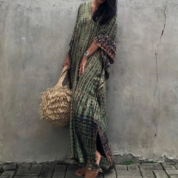 Olive Gray Boho Tie Dye Kaftan Kimono Dress - Picture 4 of 5